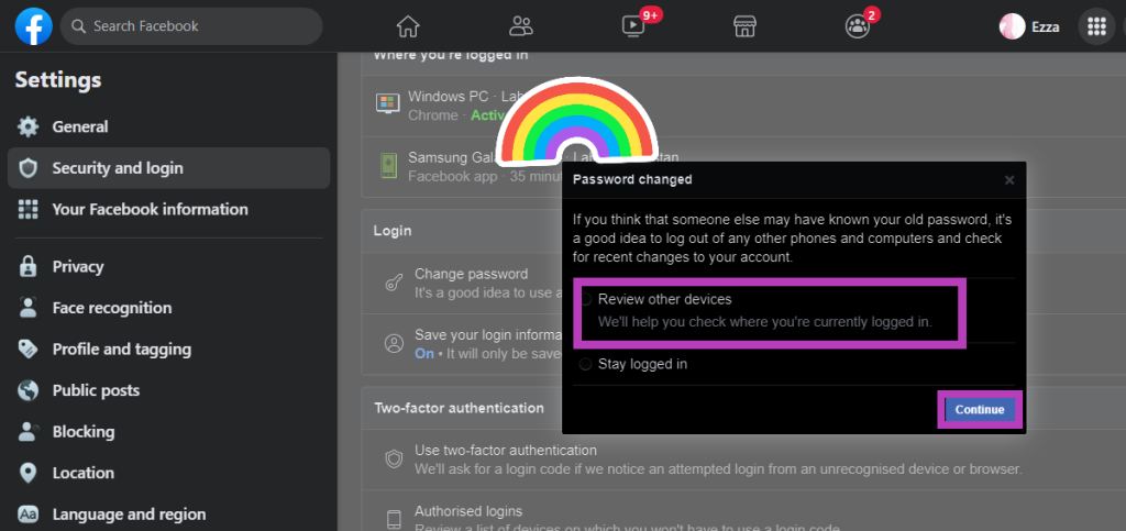 Prompt asking to review other devices or stay logged in