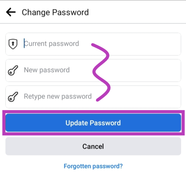Three boxes requiring old password, new password and retype new password