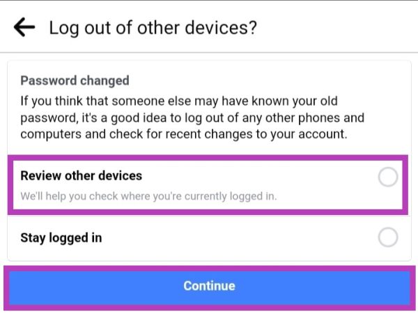 two options of reviewing other devices or staying logged in