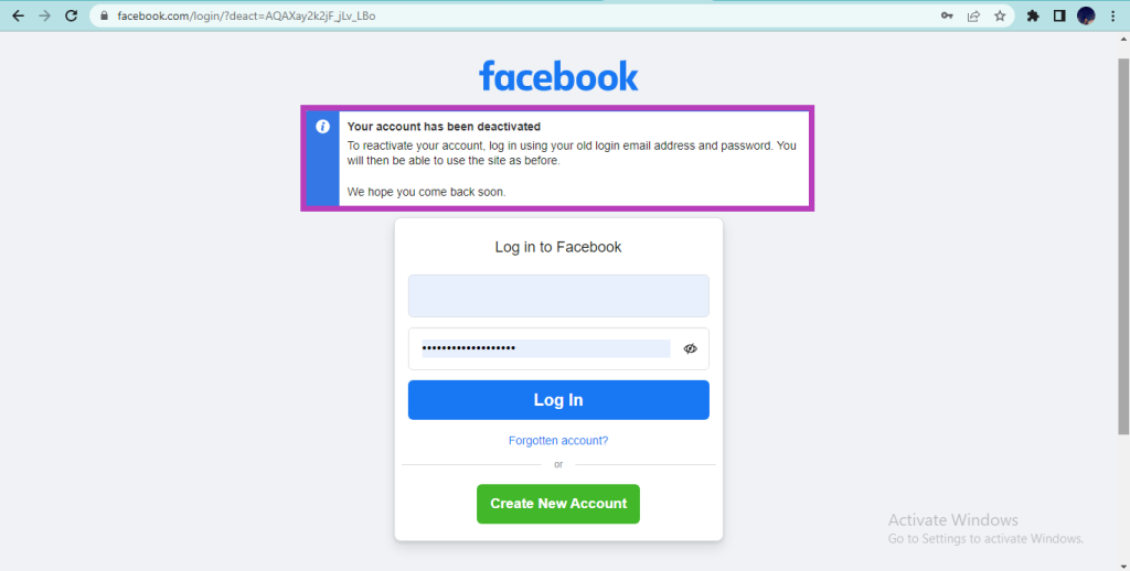 Account deactivated notification