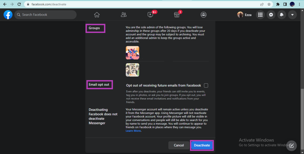 Deactivate account confirmation