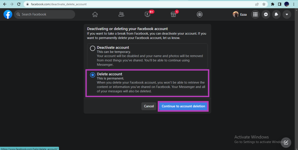 Delete account option