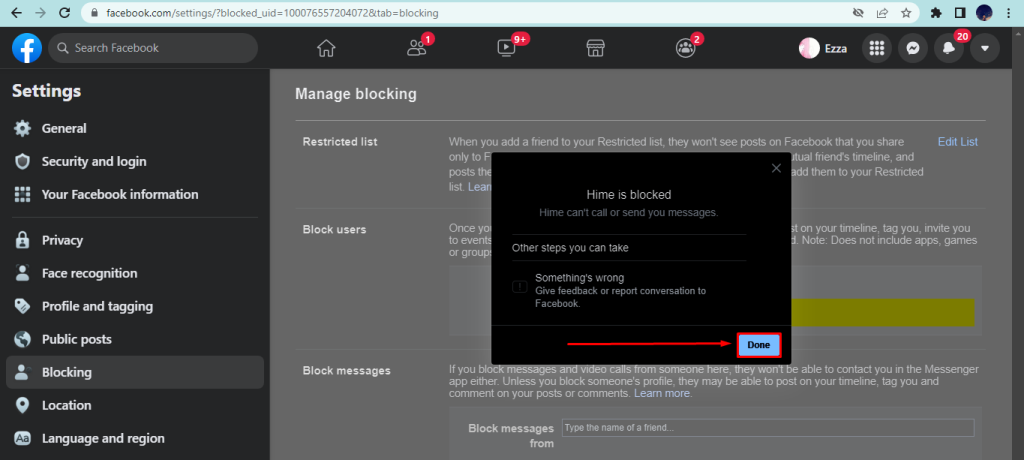 Dialogue box showing the person is blocked