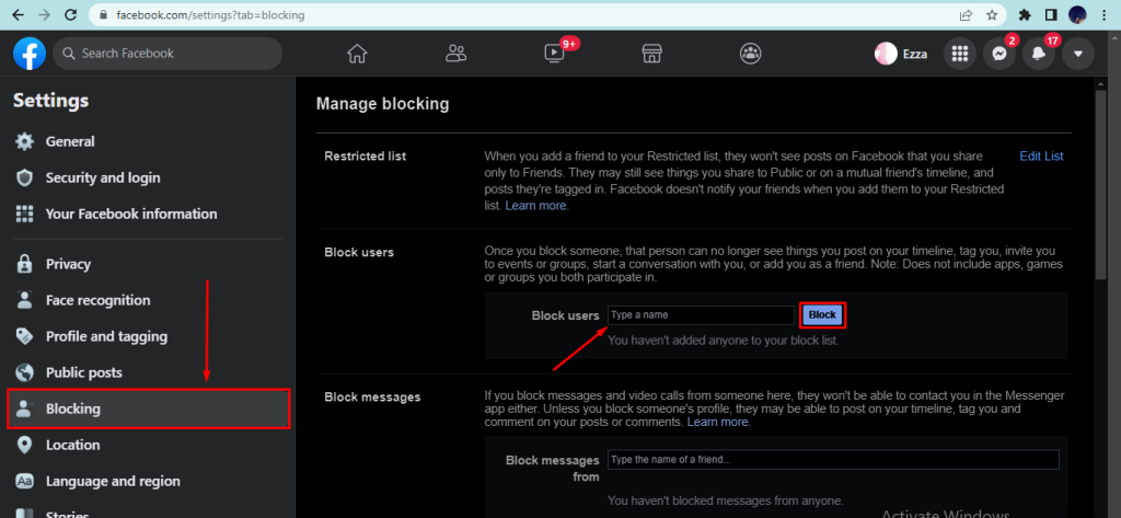 Facebook Blocking Settings