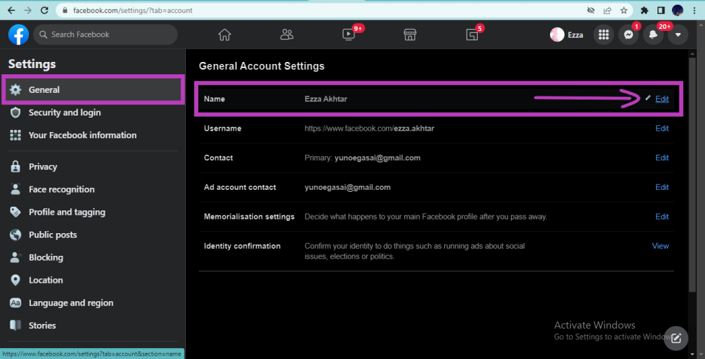 Facebook General Account Settings