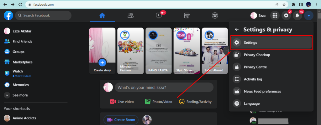 Facebook Settings & privacy menu
