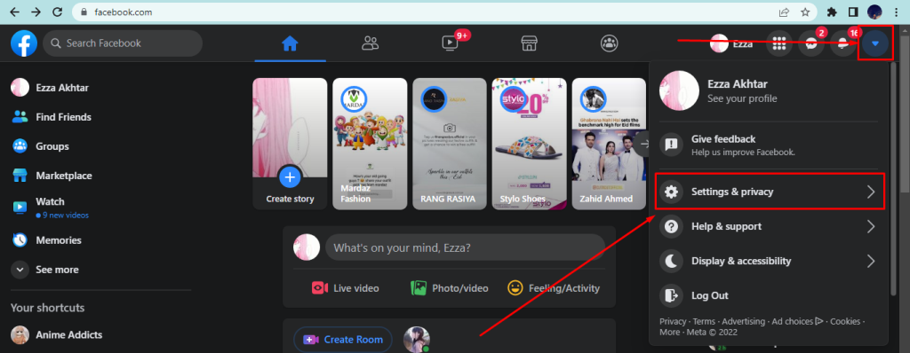Facebook Settings & privacy menu