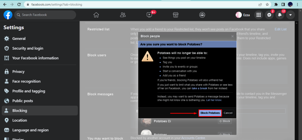 Prompt asking confirmation to block