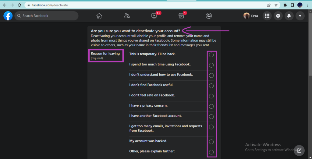 Reason for deactivating account