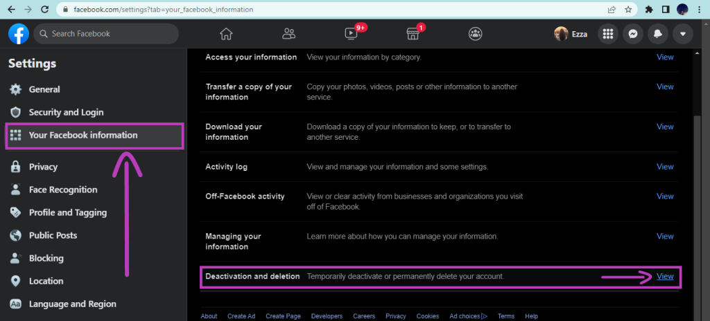 Your Facebook Information settings