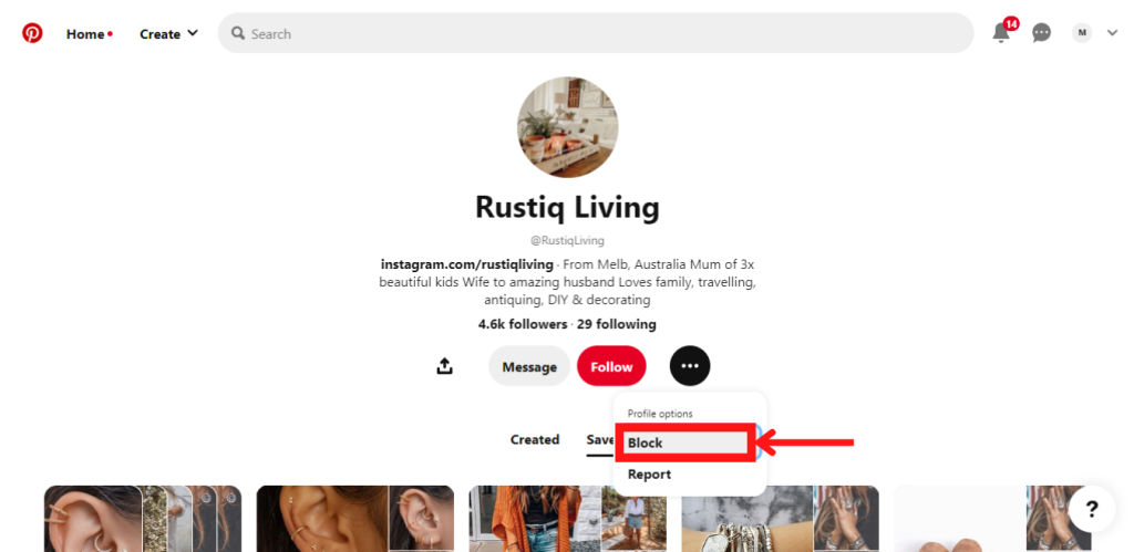 Block option on the Pinterest website