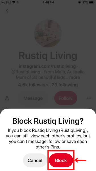 Block user confirmation message