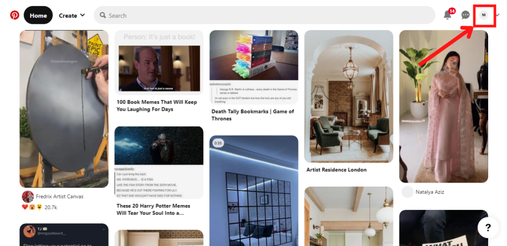 Click on the Profile picture icon to open Pinterest Boards
