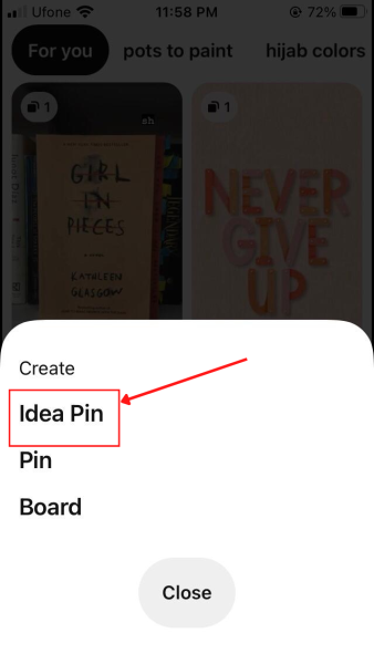 Create Idea Pin button in the Pinterest app