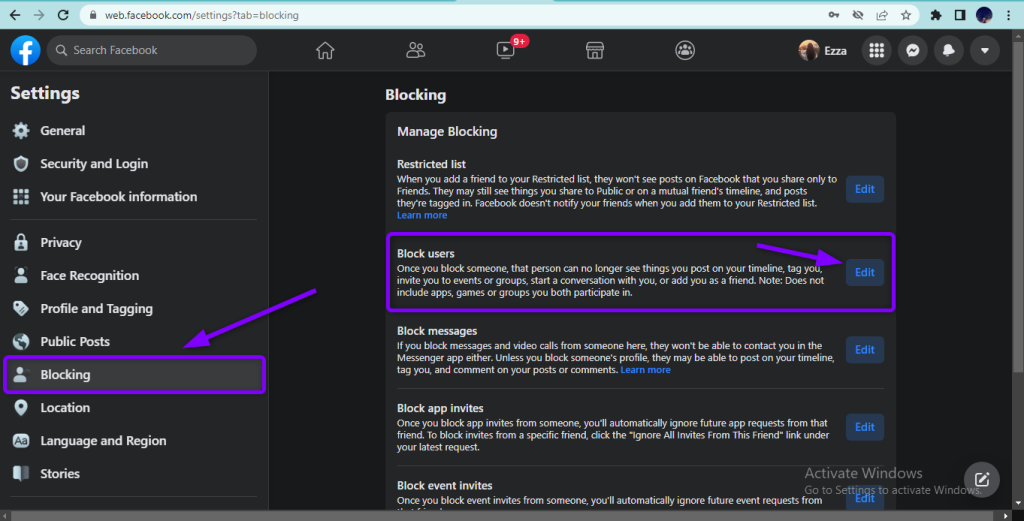 Facebook Blocking settings