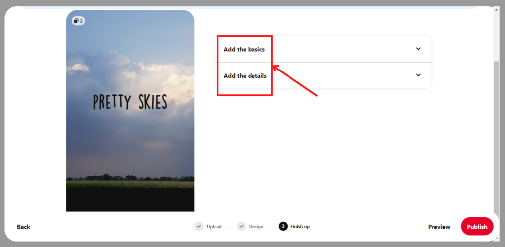 Finish up tab in the Idea Pin Builder