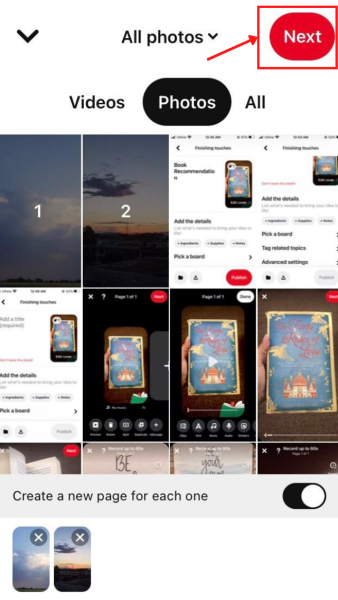 Image or video selection for Idea Pin