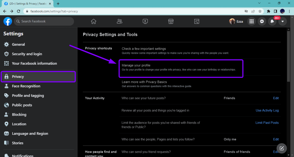 Manage your profile option