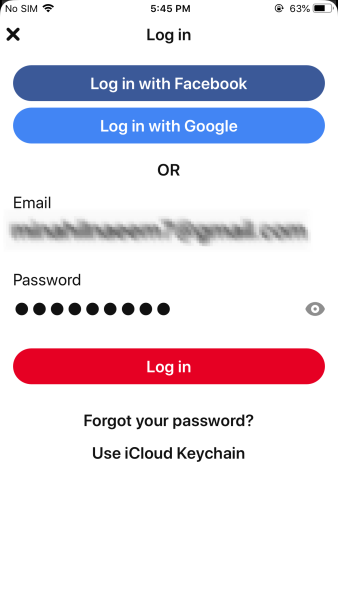 Pinterest log in using Mobile app
