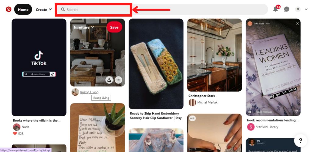 Pinterest search bar on the website