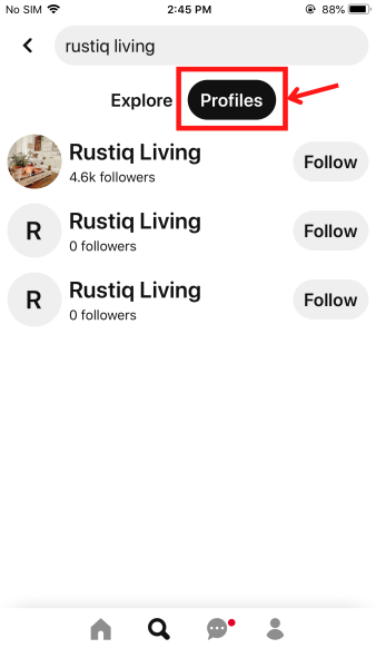 Profiles option in the Pinterest app