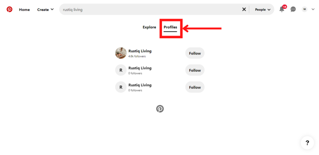 Profiles option on the Pinterest website