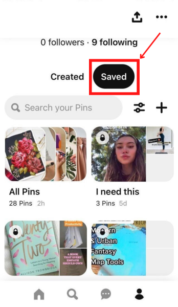 Saved section on Pinterest Profile Page