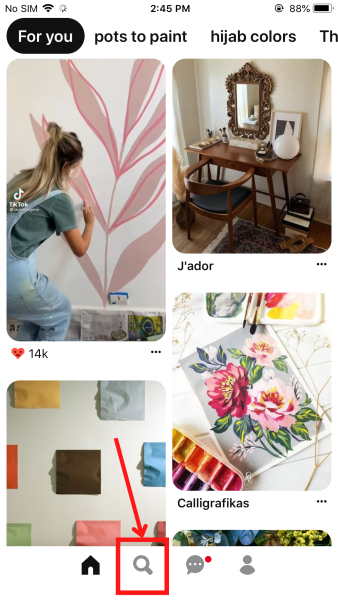 The Search option in the Pinterest app
