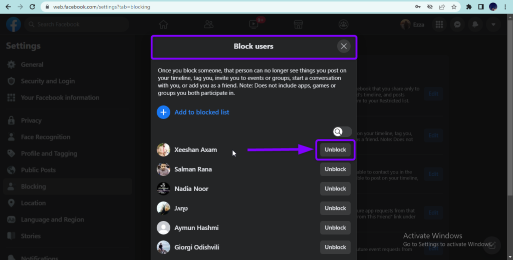 Unblock option