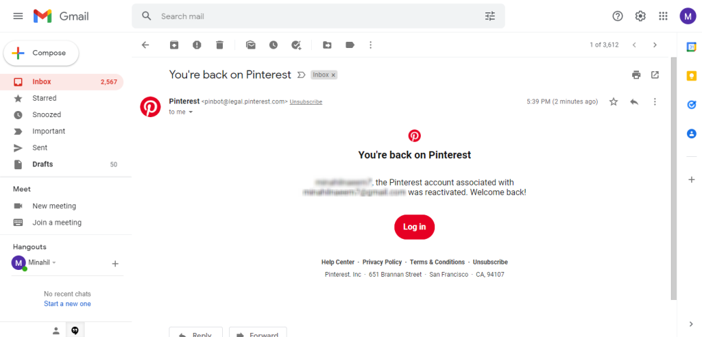 Welcome back email from Pinterest