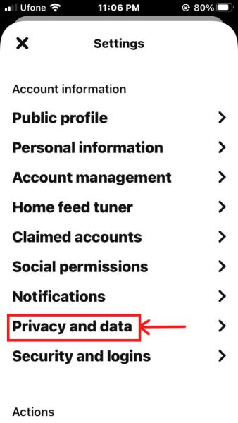 Account information menu