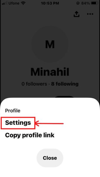 Account settings in the Pinterest app
