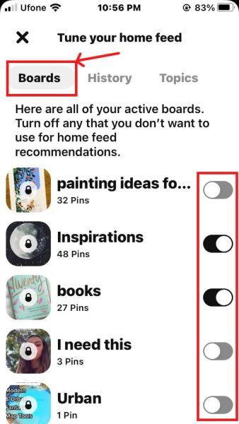 Boards tab in the Pinterest app