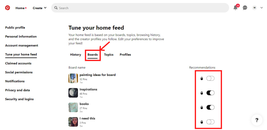 Boards tab on the Pinterest website