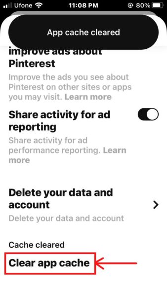 Clear app cache option