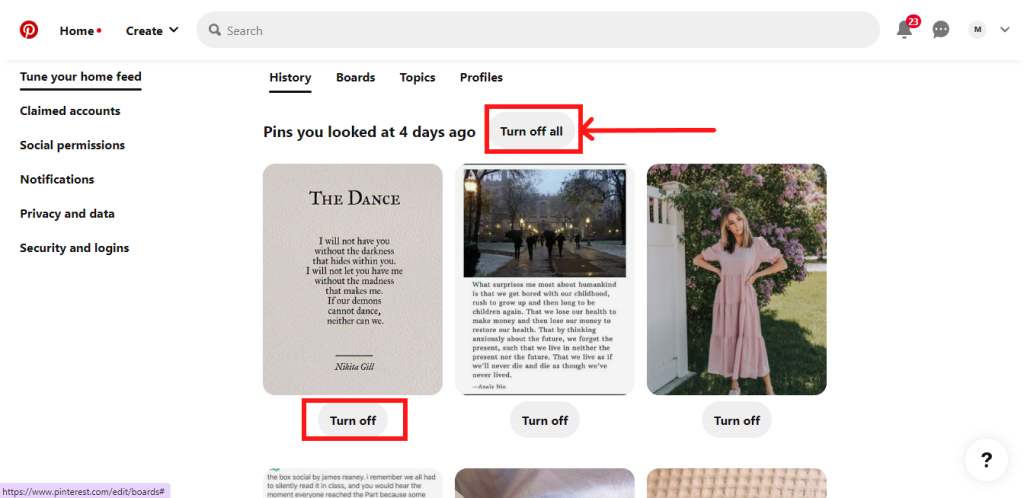 History Tab on the Pinterest website
