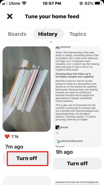 History tab in the Pinterest app