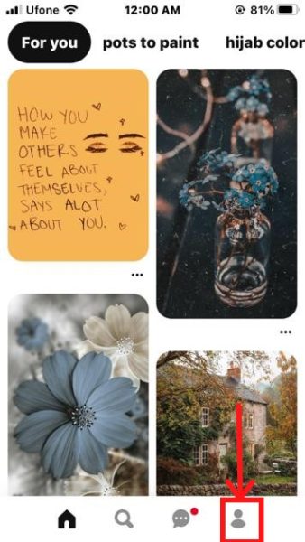 Profile picture icon in the Pinterest app