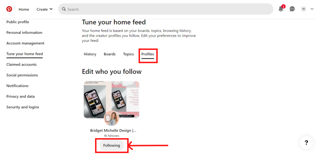 Profiles tab on the Pinterest website