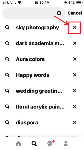 Search history in the Pinterest app