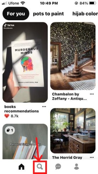 Search option in the Pinterest app