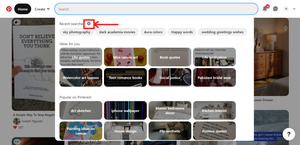 Search tab on the Pinterest website