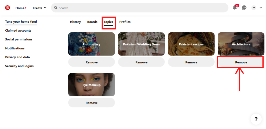 Topics tab on the Pinterest website