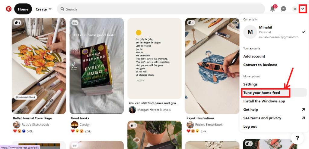 Tune your home feed option on the Pinterest website