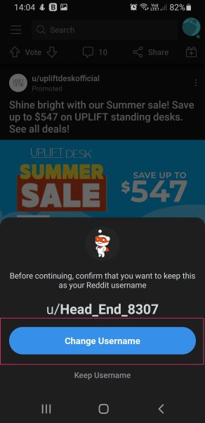 Change Username button on Reddit app
