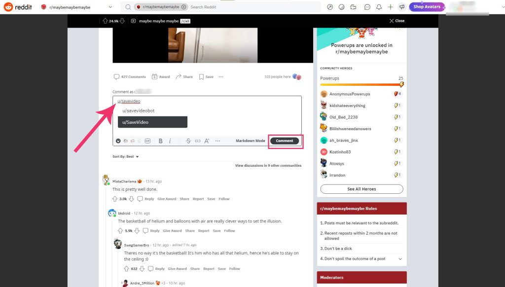 Comment section under a post