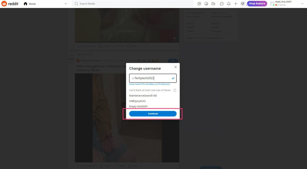 Continue button on Change Username popup