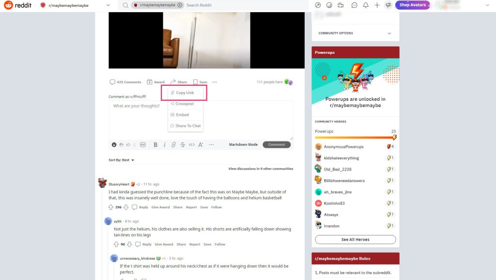 Copy Link on a Reddit post