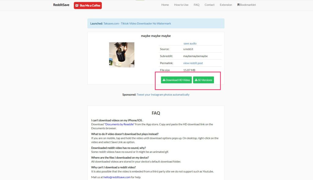 Download videos using RedditSave