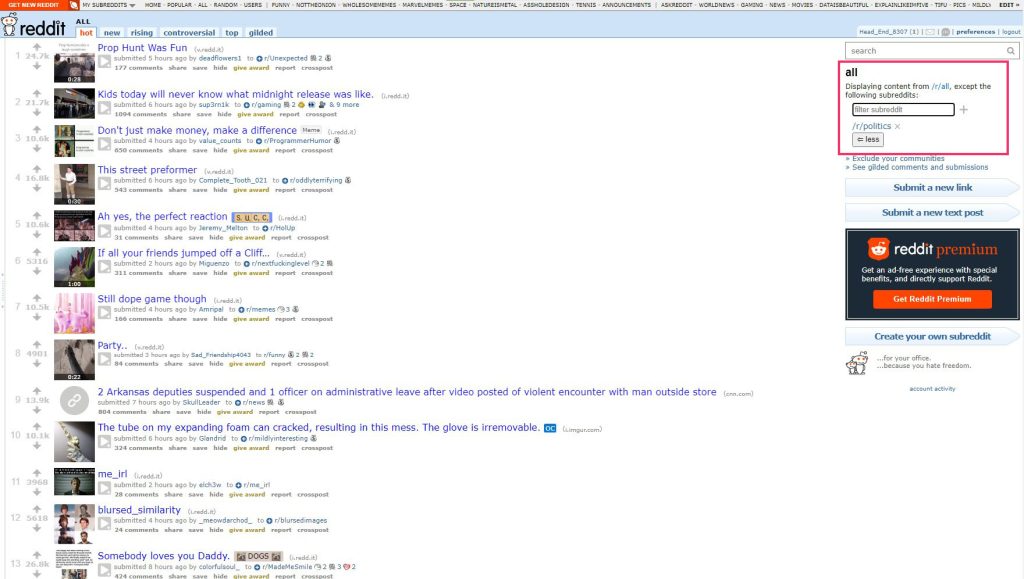 Manual filtering section on r/all